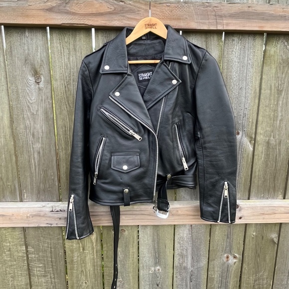Straight To Hell Black Leather Moto Jacket Size L - Picture 2 of 12